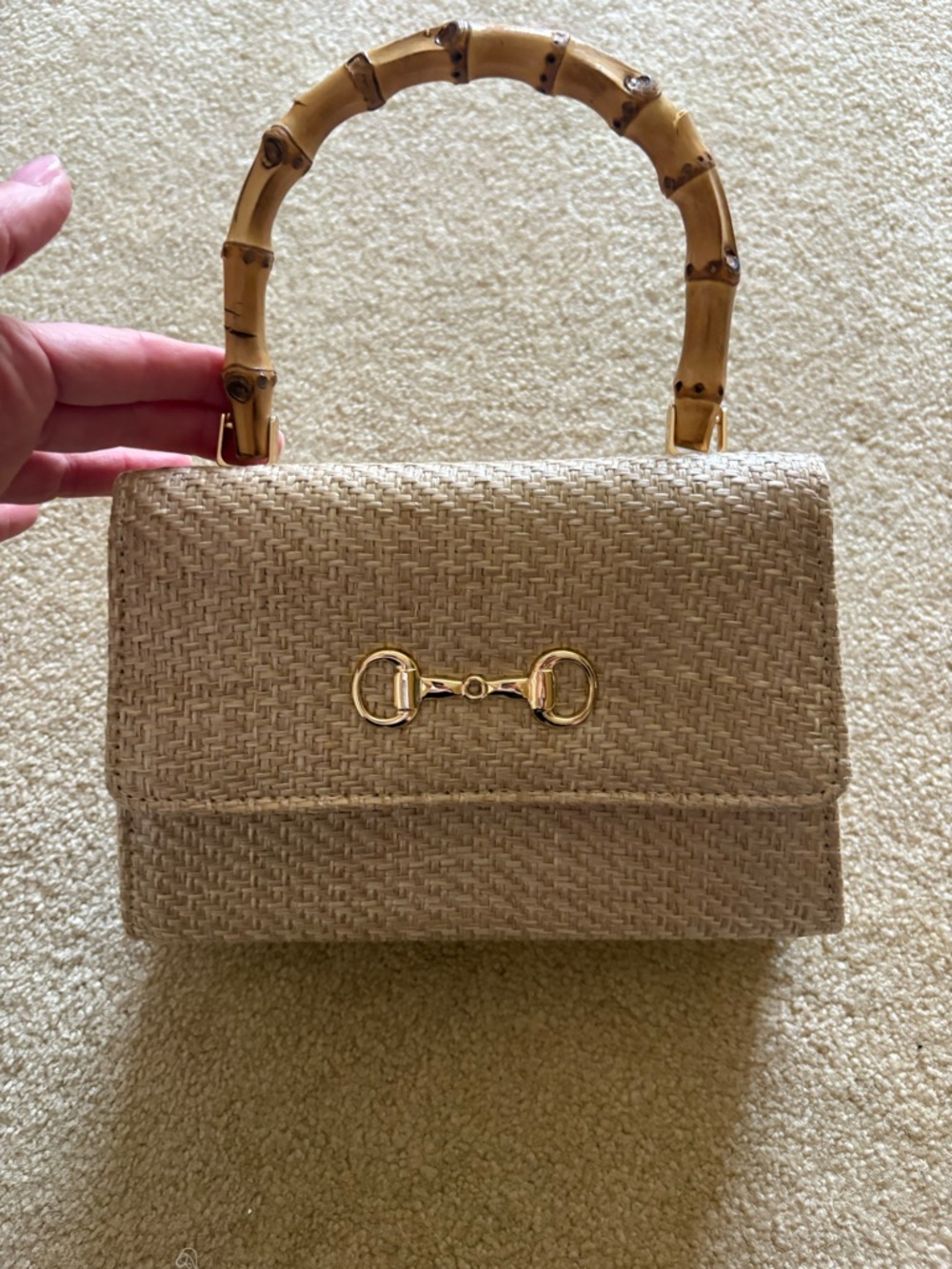 Savannah Woven Straw Satchel with Bamboo Handle and Gold Horsebit